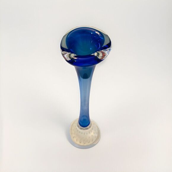 Vintage Cobalt Blue Aseda Glass 8 3/4” Bud Vase Controlled Bubble Base - Picture 3 of 15